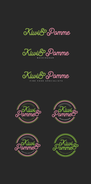 Version 1: Kiwi & Pomme. Version 2: Kiwi & Pomme Buckingham (Buckingham is the location). Version 3: Kiwi & Pomme Fine Food Specialists (Fine Food Specialists is the strapline) | Design de Logo par el.