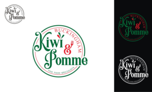 Version 1: Kiwi & Pomme. Version 2: Kiwi & Pomme Buckingham (Buckingham is the location). Version 3: Kiwi & Pomme Fine Food Specialists (Fine Food Specialists is the strapline) | Design de Logo par Soul Light