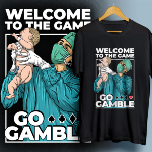 A T-shirt with a doctore saying to a newborn, 