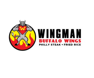 Wingman-- (company name),   Buffalo Wings--main menu (big font),  Philly Steak, (small font)Fried rice (small font) | Logo Design by renderman