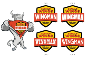 Wingman-- (company name),   Buffalo Wings--main menu (big font),  Philly Steak, (small font)Fried rice (small font) | Logo Design by Rodrigo Custodio