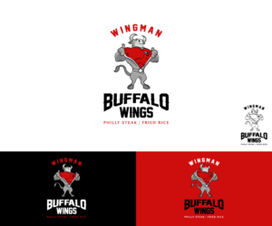 Wingman-- (company name),   Buffalo Wings--main menu (big font),  Philly Steak, (small font)Fried rice (small font) | Logo Design by Anhlee