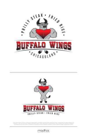 Wingman-- (company name),   Buffalo Wings--main menu (big font),  Philly Steak, (small font)Fried rice (small font) | Logo Design by WILD FOX Desing Studio