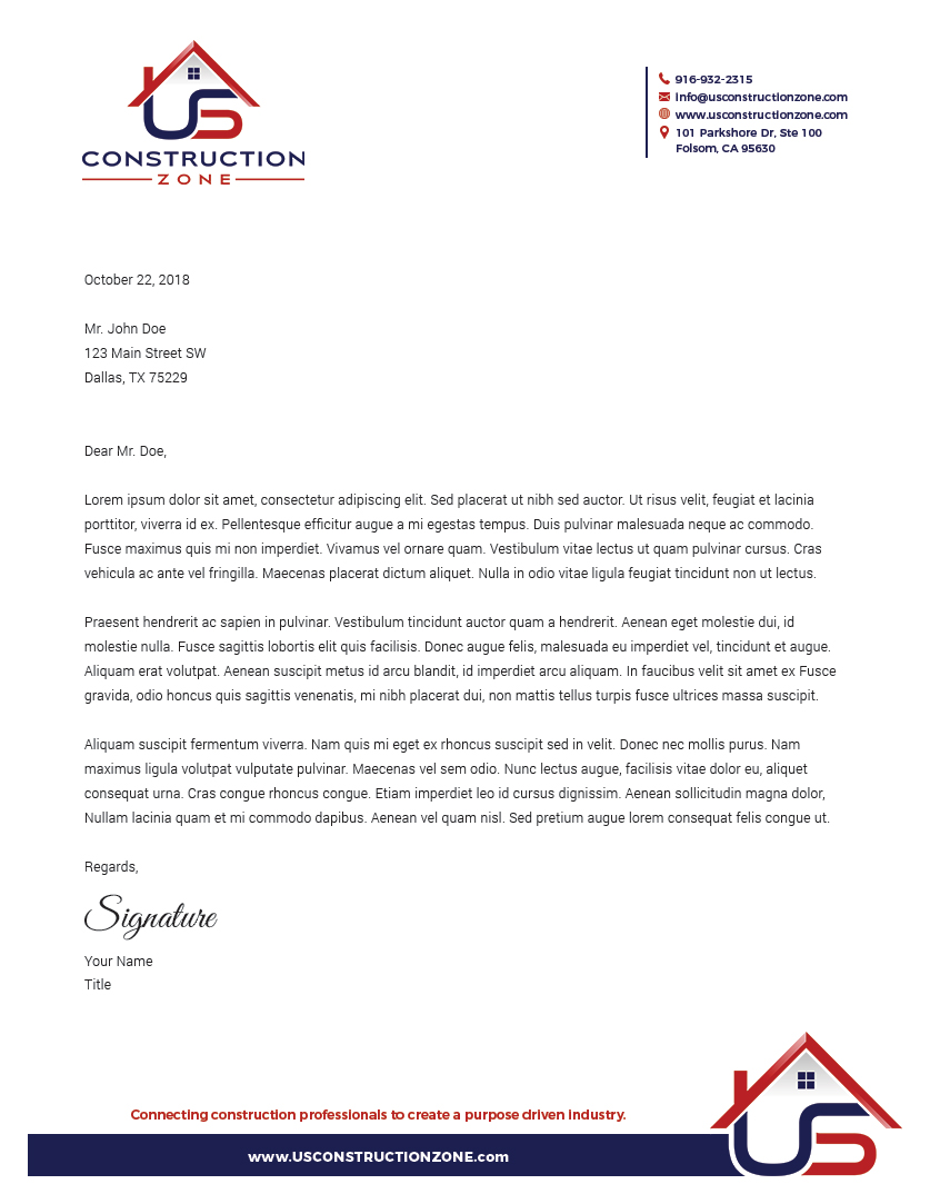 Letterhead Design for US Construction Zone, Inc. by MIND