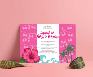 Fun, quirky, bright, tropical flyer for a pre loved bra campaign. | Flyer Design by Hania.tarabishy