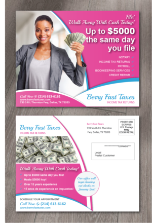File your income taxes and walk away with cash today. direct mailer campaign | Diseño de Postal por alex989