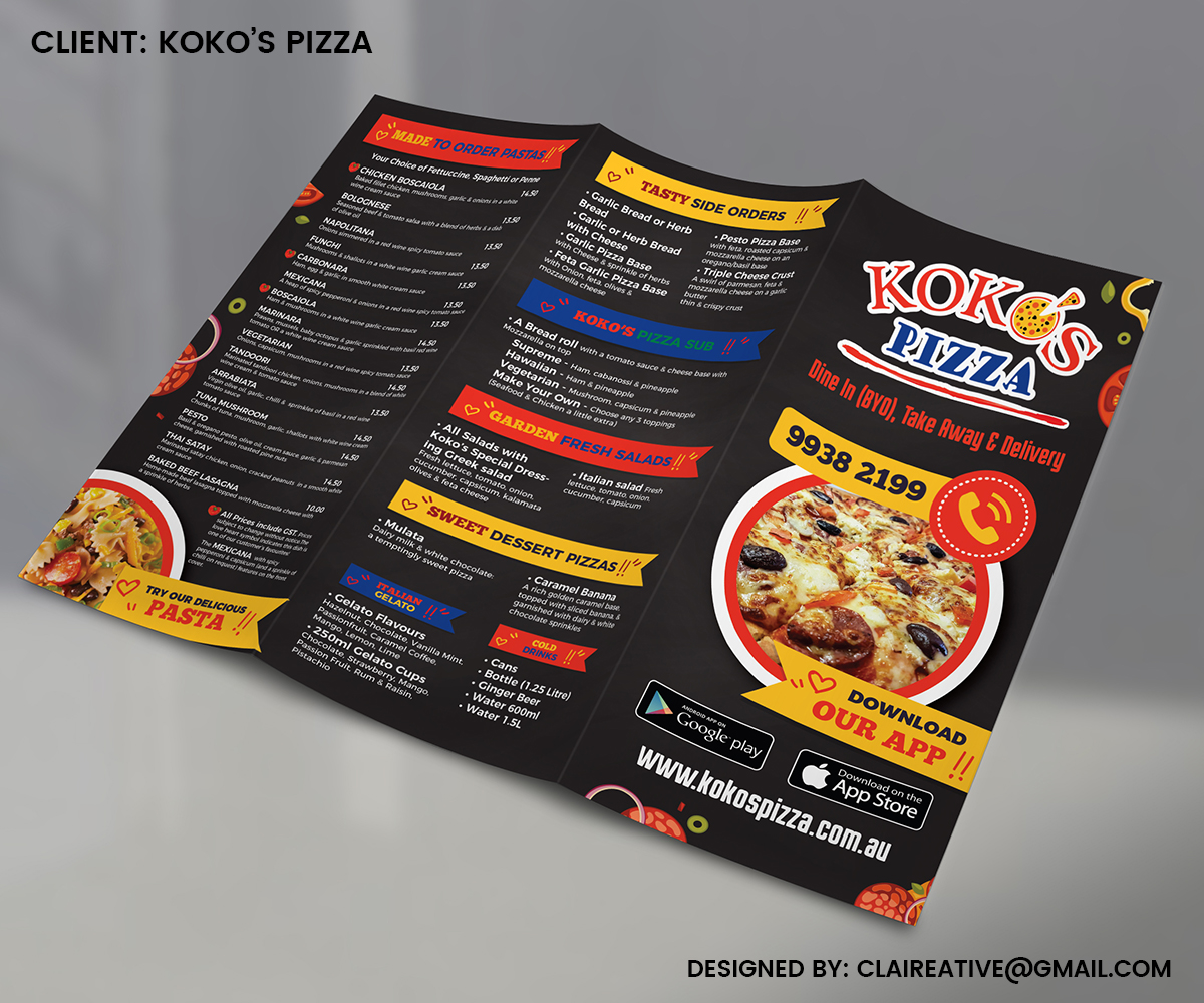 Menü-Design von Claireative für Koko's Pizza | Design #20309884