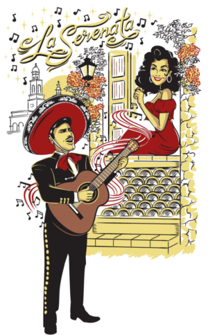 La Serenata TShirt - 1940s Mexican Inspired TShirt Design of a Serenade Scene  | T-Shirt-Design von MissJo Designs