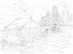 One Frame Cartoon featuring man furiously rowing rowboat pulling barge with post office on it | Diseño Con Ilustración por SangBlater