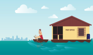 One Frame Cartoon featuring man furiously rowing rowboat pulling barge with post office on it | Diseño Con Ilustración por MNM
