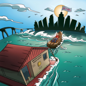 One Frame Cartoon featuring man furiously rowing rowboat pulling barge with post office on it | Diseño Con Ilustración por B'signs