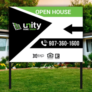 18”(height) x 24”(width) Open House Sign Needed - front/back | Graphic Design by Maxo-Biz