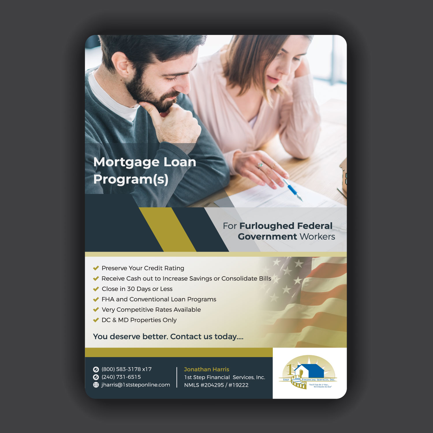 Flyer Design by Louie Fuentes | Manobo Graphic Design Services for 1st Step Financial Services, Inc. | Design #20802936