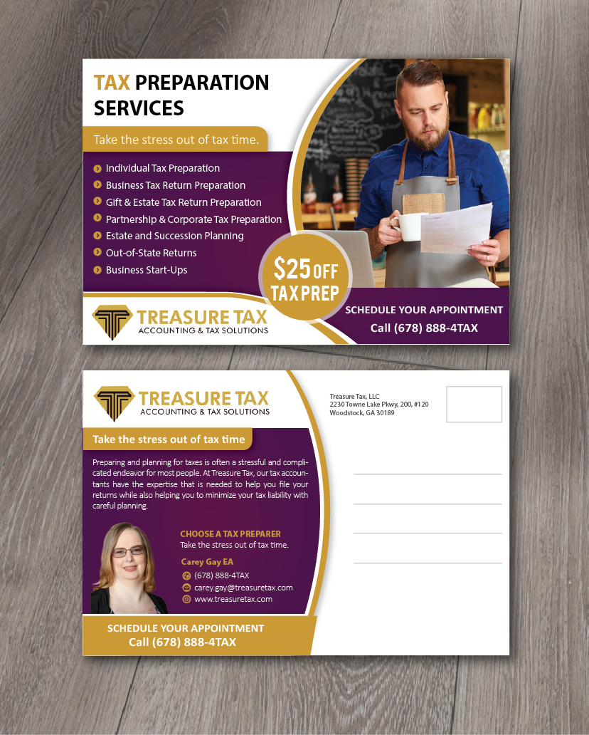 Postcard Design by alex989 for Treasure Tax, LLC | Design #20877685
