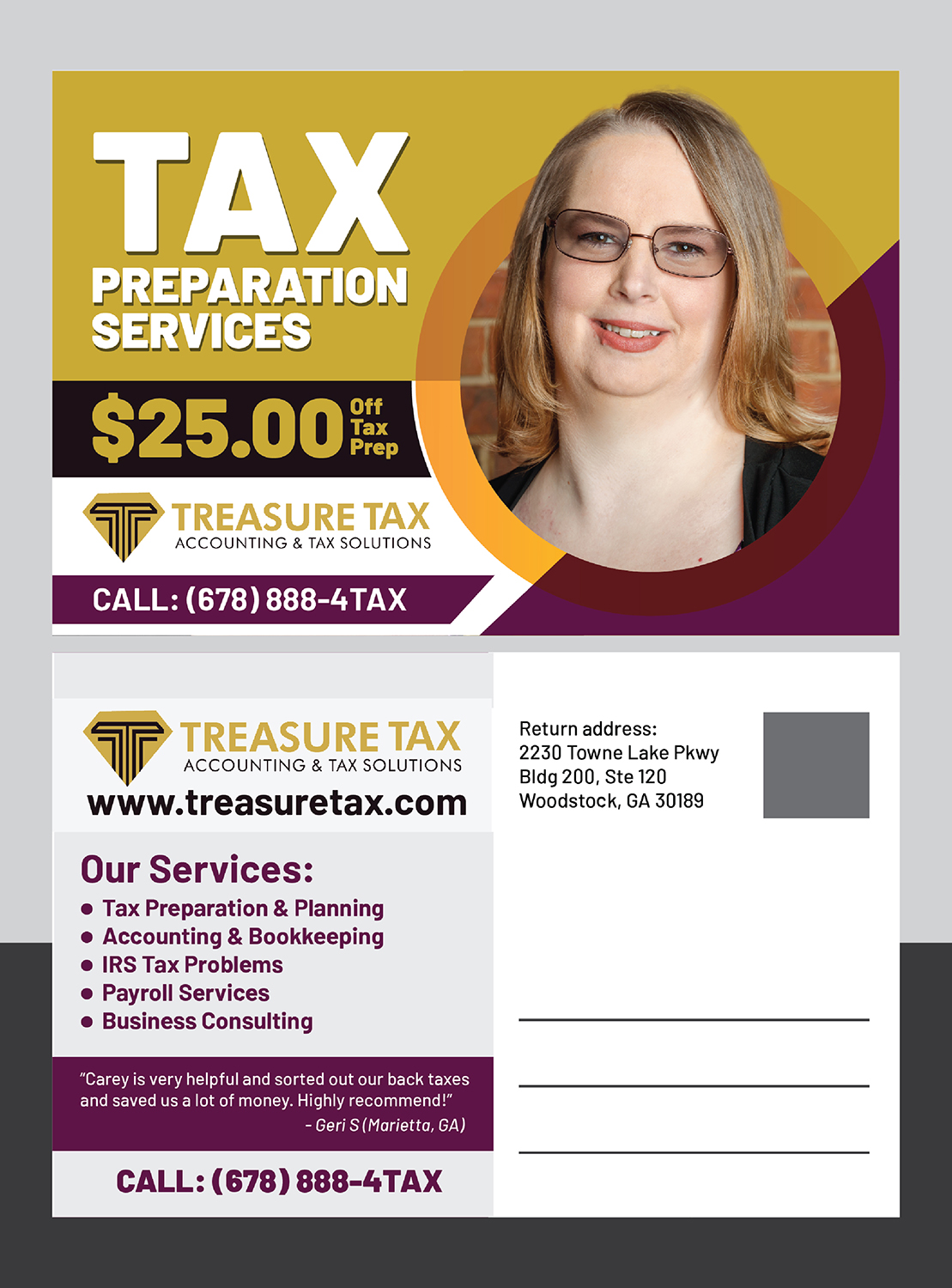 Postcard Design by Deziners Zone for Treasure Tax, LLC | Design #20896392