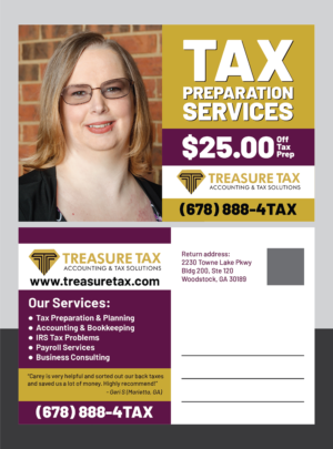 Postcard Design by Deziners Zone for Treasure Tax, LLC | Design: #20896393