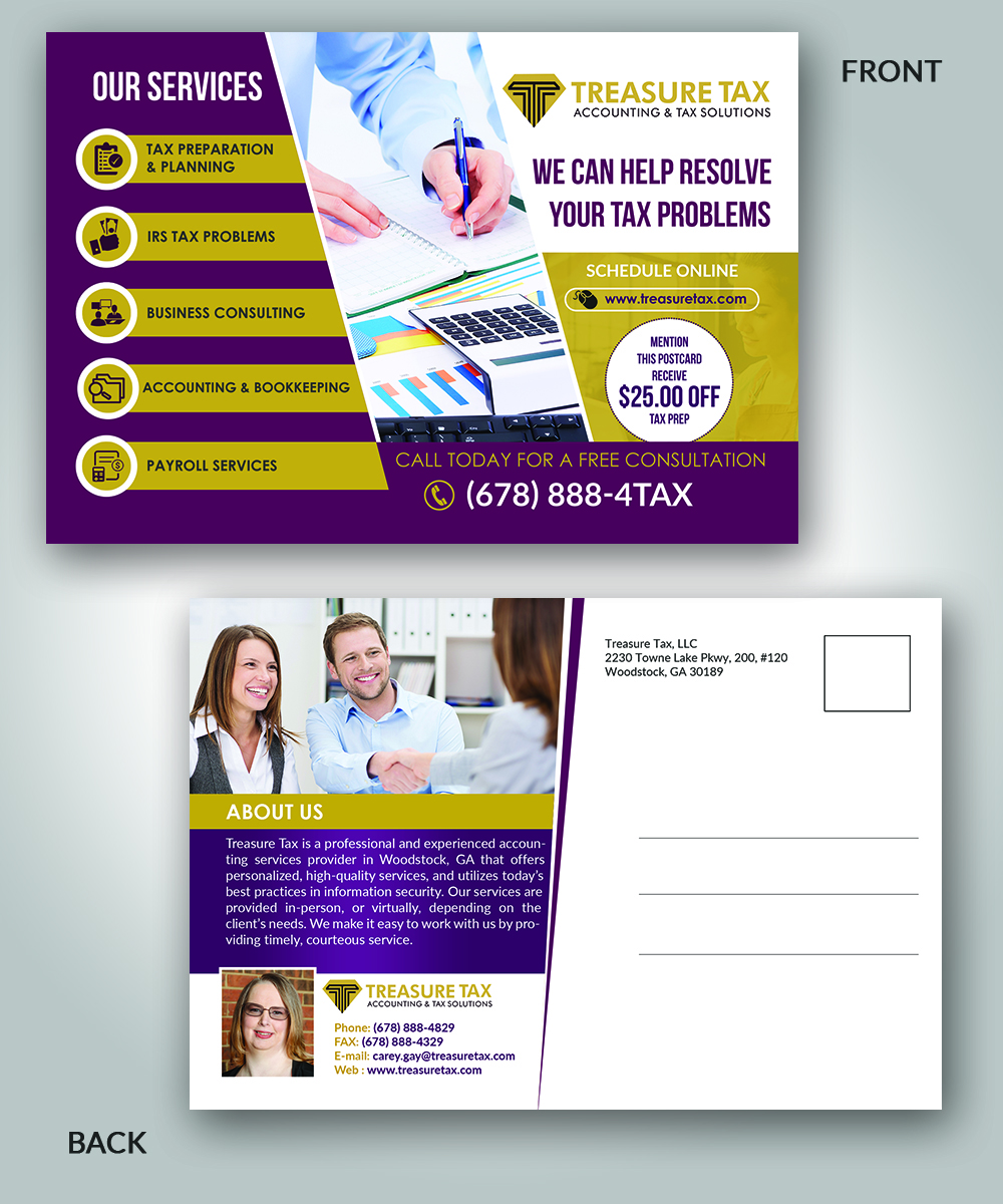 Postcard Design by innovative earth for Treasure Tax, LLC | Design #20867753