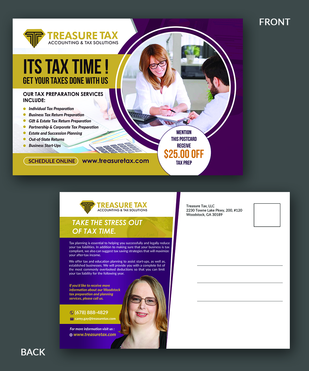 Postcard Design by innovative earth for Treasure Tax, LLC | Design #20886812