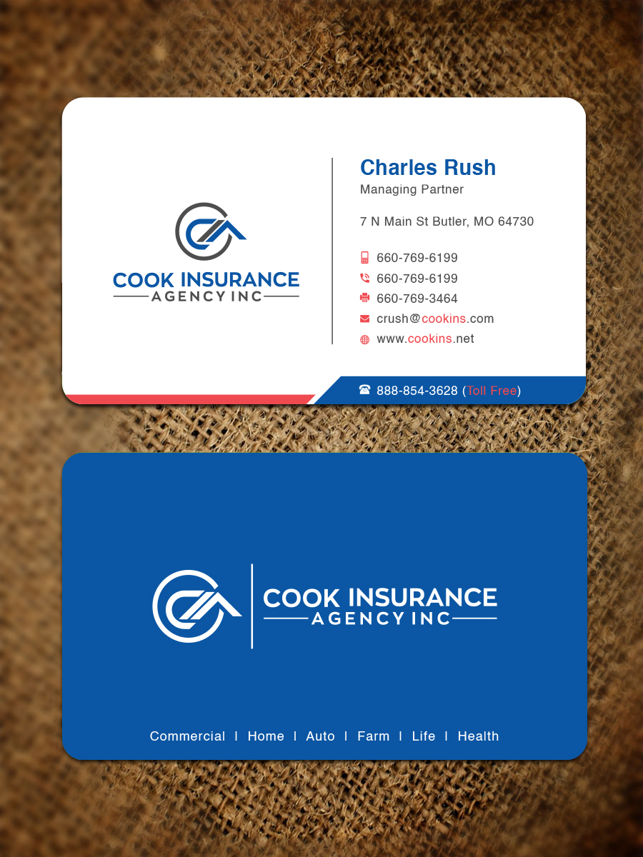 Visitenkarten-Design von Bold Pixels für Cook Insurance Agency | Design #21044693