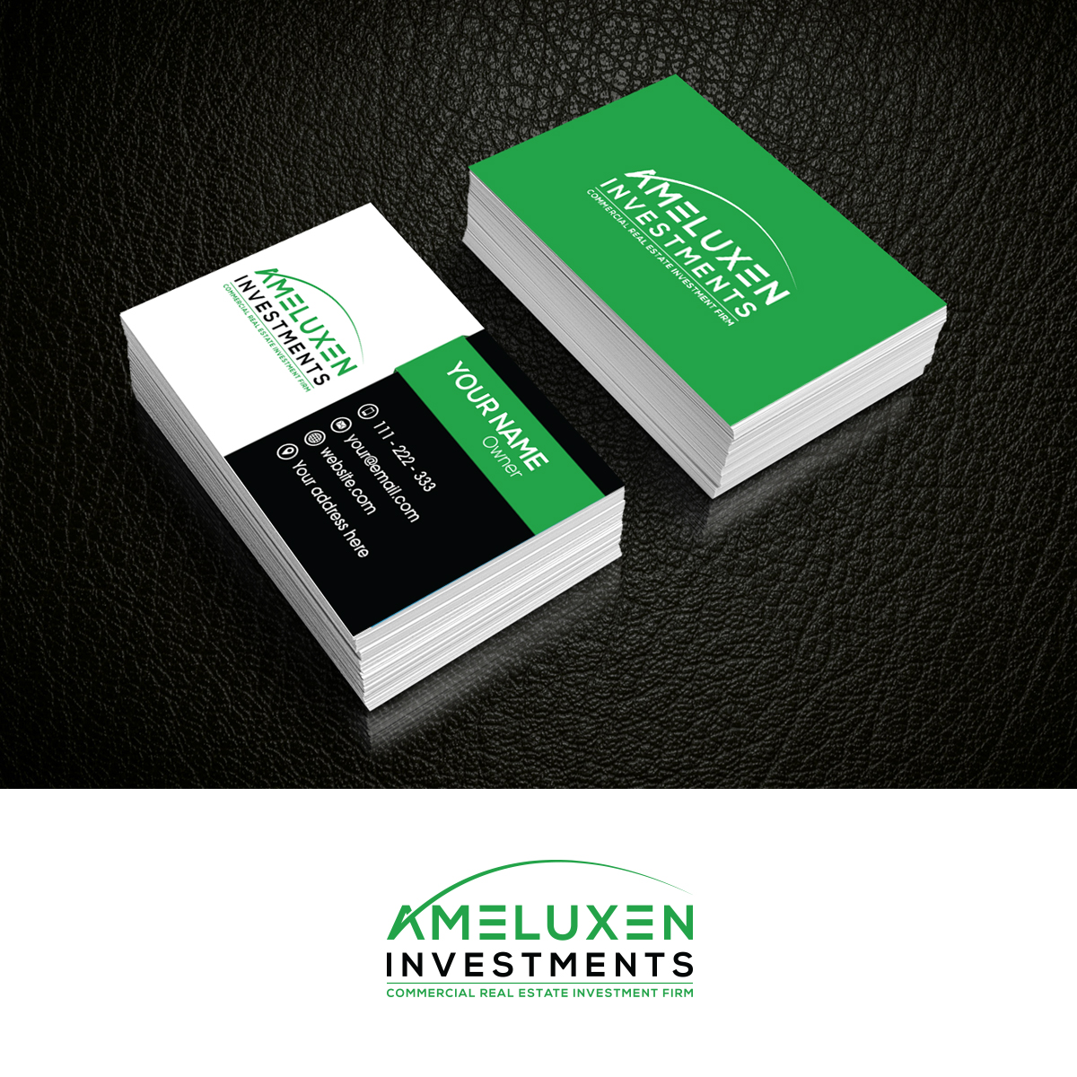 Green investment business cards arranged in stacks with matching branding