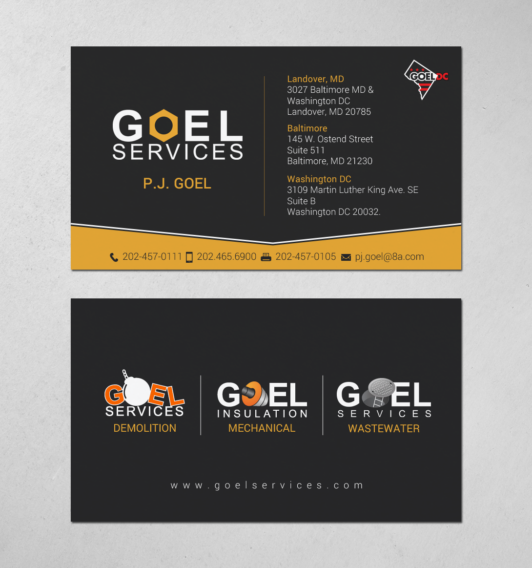 Diseño de Tarjeta de Presentación por chandrayaan.creative para Goel Services, Inc | Diseño #21153465