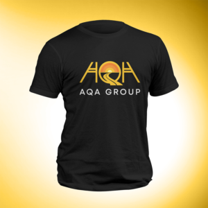 AQA GROUP in white and the Sunset, gold and red for black background shirts the logo will be going on. | Logo Design by H-H Arts