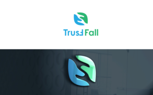 "Trust Fall"  with the "F" in "Fall" rotated backwards as if supported by the last "T" in "Trust". | Logo Design by MT