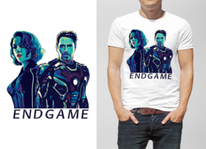 Low poly Iron man and Black Widow standing back to back | Diseño de Camiseta por Navisol Creatives
