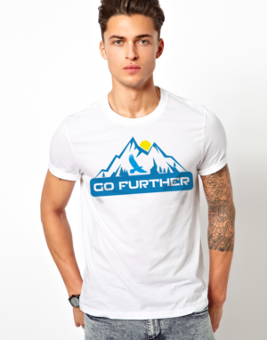 The text on the t shirt is Go Further, meant to inspire people to reach their highest potential | Diseño de Camiseta por FutureDesigne