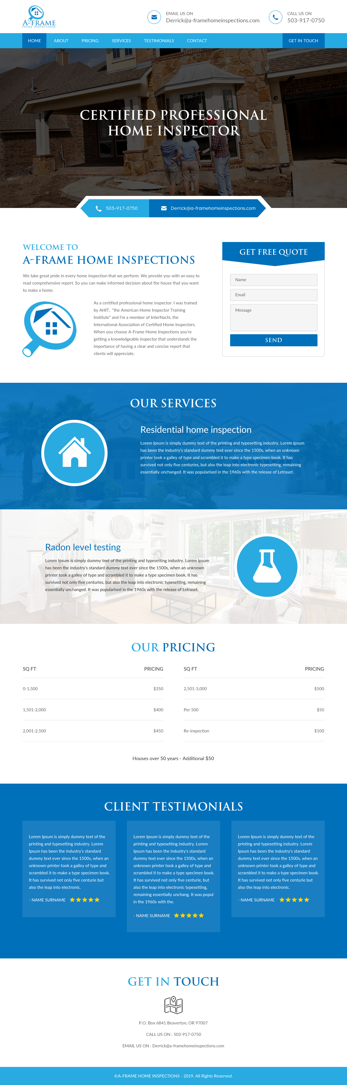Wordpress Design by rightway for A-Frame Home Inspection | Design #21664883