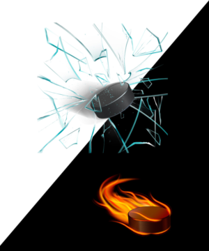 Flying hockey puck shattering glass | Graphic Design by StudioD™