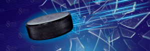 Flying hockey puck shattering glass | Graphic Design by SofiaDesignStudio