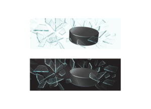 Flying hockey puck shattering glass | Graphic Design by Phouii