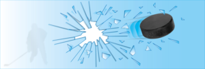 Flying hockey puck shattering glass | Graphic Design by Al Pech