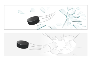 Flying hockey puck shattering glass | Graphic Design by IndreDesign