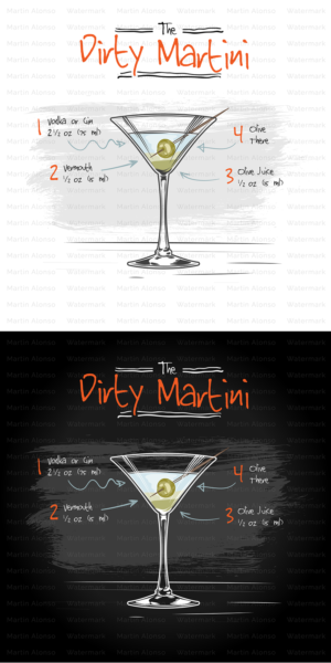 Sketched Dirty Martini Cocktail with ingredients | T-Shirt-Design von Martin Alonso