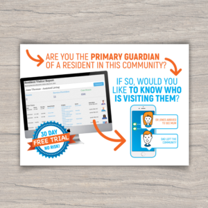 Post card selling a software for elderly visitor security | Postkarten-Design von Katyas Art and Design