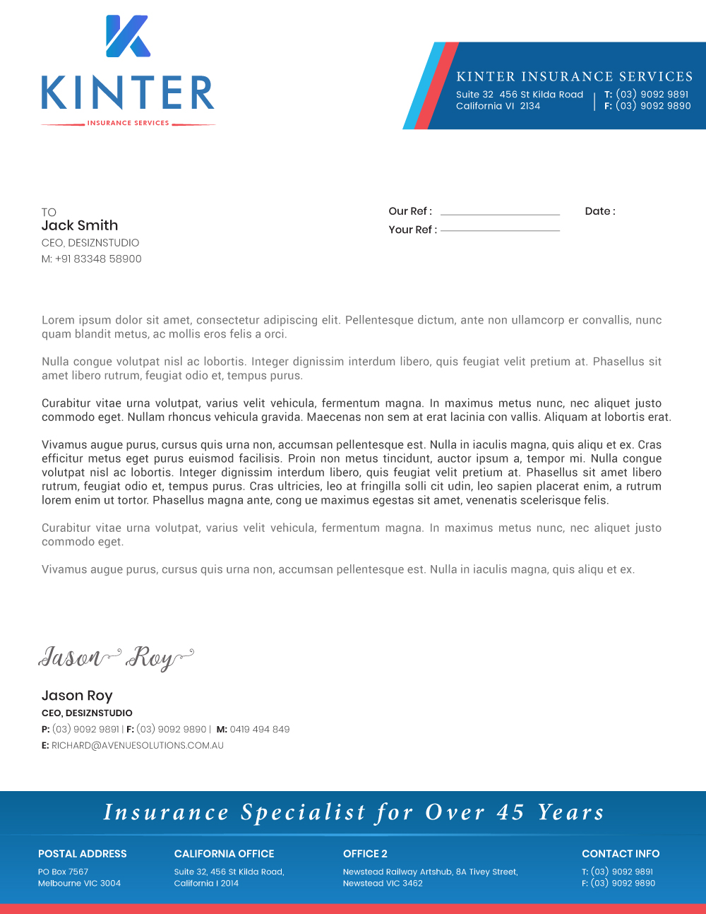 Letterhead Design by Expert Designer for Kinter Insurance Services  | Design #22197663