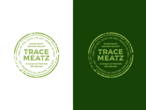 Brand Name: Trace Meatz, Title: Buger Ready Ground Walnut, Subtitle: Looks like beef, tastes like beef, Produces 90 times lesss greenhouse gas emissions than beef, 15 grams of protein per serving | Diseño de Logo por wonderland