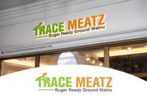Brand Name: Trace Meatz, Title: Buger Ready Ground Walnut, Subtitle: Looks like beef, tastes like beef, Produces 90 times lesss greenhouse gas emissions than beef, 15 grams of protein per serving | Logo Design by Juli creation