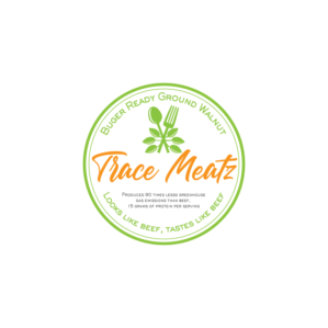 Brand Name: Trace Meatz, Title: Buger Ready Ground Walnut, Subtitle: Looks like beef, tastes like beef, Produces 90 times lesss greenhouse gas emissions than beef, 15 grams of protein per serving | Diseño de Logo por Samantha Ward Design