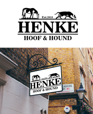 line 1 image of horse and dog est. 2018 in center /  line 2 HENKE (BIG LETTERS UNDER IMAGE OF A HORSE AND DOG black white back ground) line 3 Hoof & Hound/  black letter white background   | Logo Design by Graphic Bricks