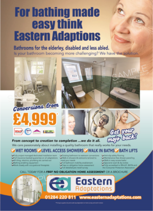 Newspaper ad advertising bathroom adaptations for the less-abled and disabled. | Diseño de Anuncio de Prensa por the artworks