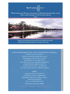Flyer Design by kendell_wal for Matilda Bay Restaurant and Function Centre | Design #2983305