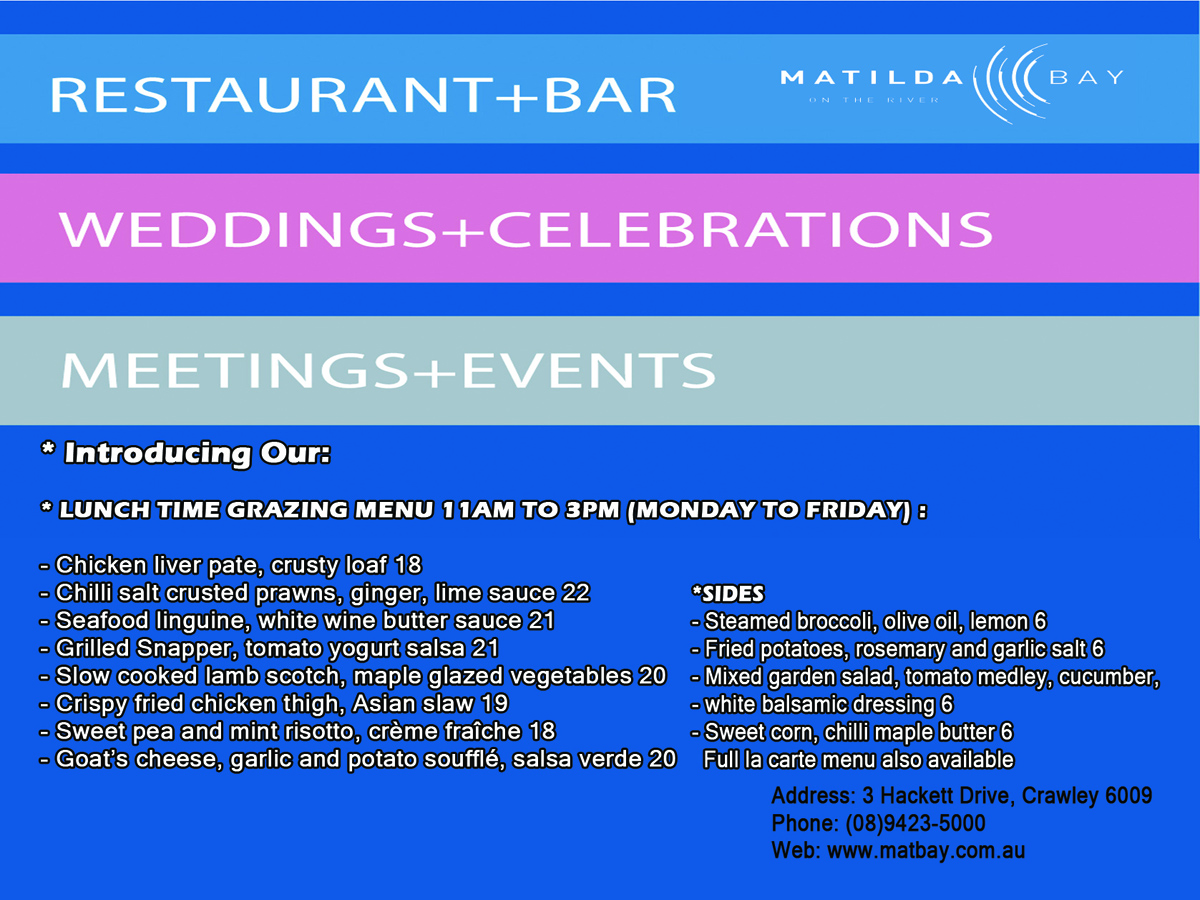 Flyer Design by Theo Designs for Matilda Bay Restaurant and Function Centre | Design #2977946