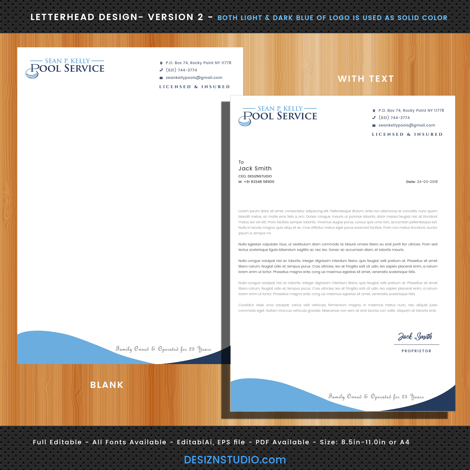 Letterhead Design by Expert Designer for Sean P. Kelly Pool Service | Design #22566899