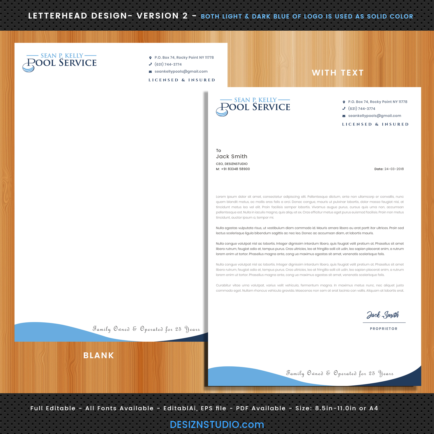 Letterhead Design by Expert Designer for Sean P. Kelly Pool Service | Design: #22572192