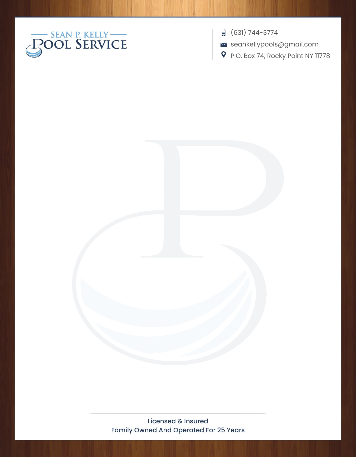 Letterhead Design by HarmiDesigning for Sean P. Kelly Pool Service | Design #22562490