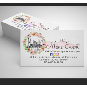 The Mane Event ... AVEDA SalonSpa & Boutique  ... 16444 Veterans Memorial Parkway, LaFayette, Al. 36862; FB, Instagram, SnapChat Buttons  | Logo Design by designstarla