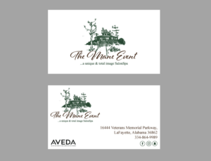 The Mane Event ... AVEDA SalonSpa & Boutique  ... 16444 Veterans Memorial Parkway, LaFayette, Al. 36862; FB, Instagram, SnapChat Buttons  | Logo Design by cosmicline
